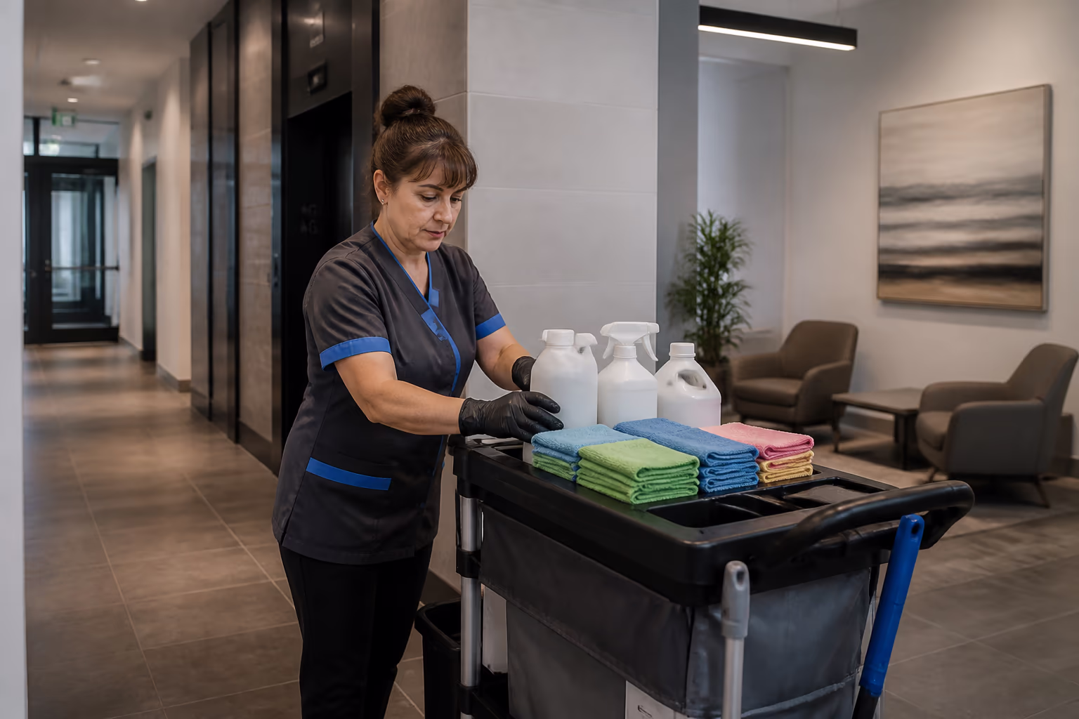 The commercial team loading a colour-coded janitorial cart with certified green chemistry and split-microfibre supplies for a night clean in a multi-tenant Ottawa building.