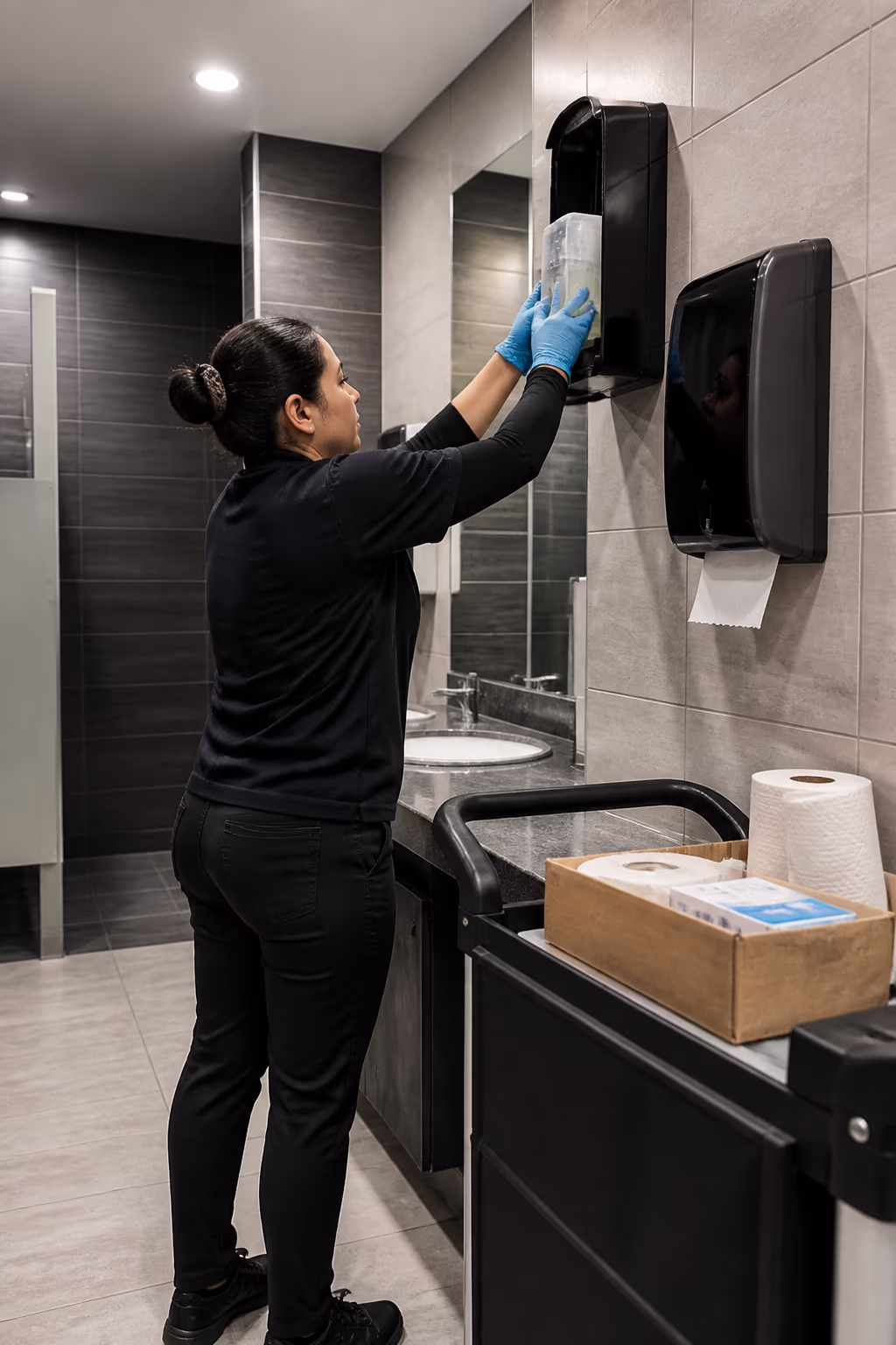 A cleaning technician restocking an Ottawa commercial washroom with soap and touchless paper dispensers after hours.