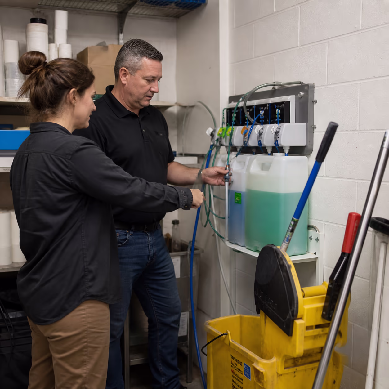 A property manager and a janitorial supervisor reviewing a green cleaning checklist beside an auto-dilution dispenser in a commercial building's storage room.