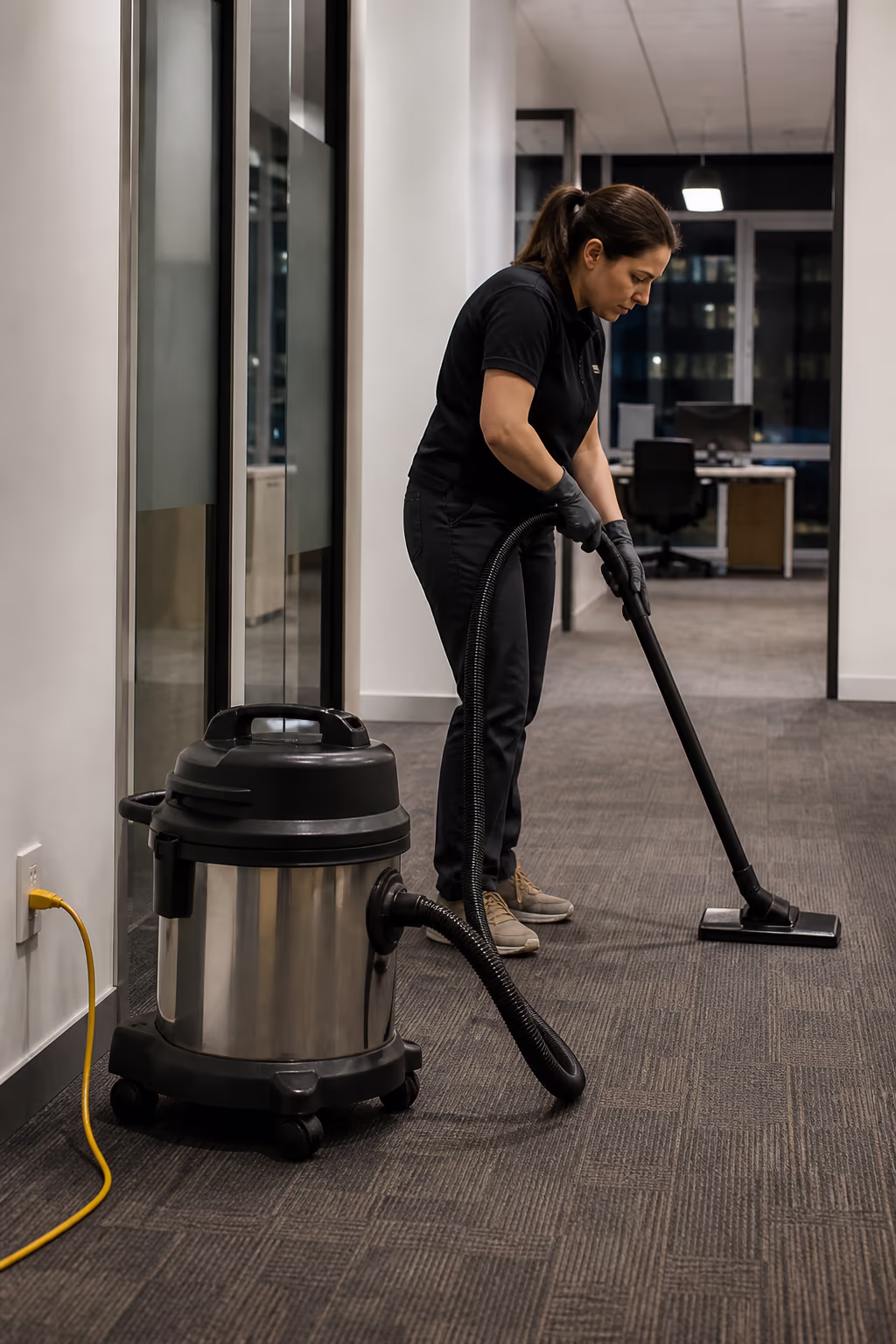 A commercial cleaner using a sealed HEPA-filtered vacuum and split-microfibre mop with low-VOC products during an after-hours clean in an occupied Ottawa office.