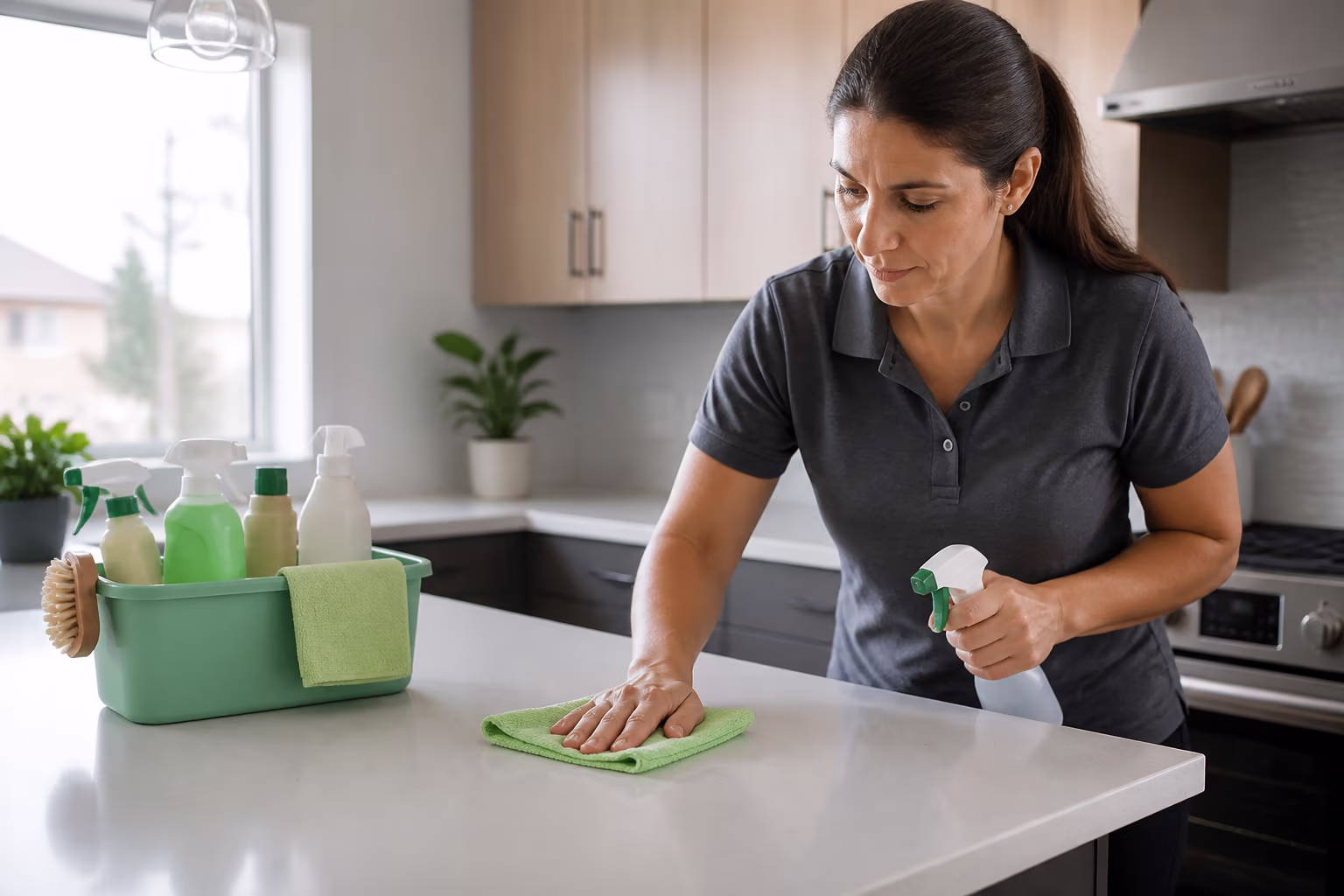 A professional cleaner holding a spray bottle and a microfibre cloth beside a caddy of green cleaning supplies in a bright kitchen.