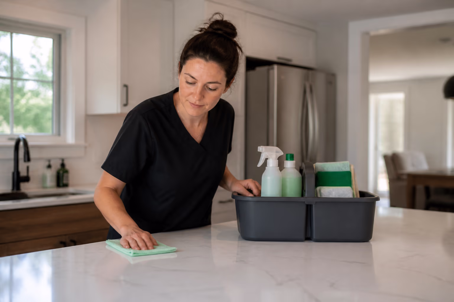 Cleaning technicians stocking a green chemistry supply caddy with plant-based bottles and microfibre cloths before a residential clean in Ottawa.