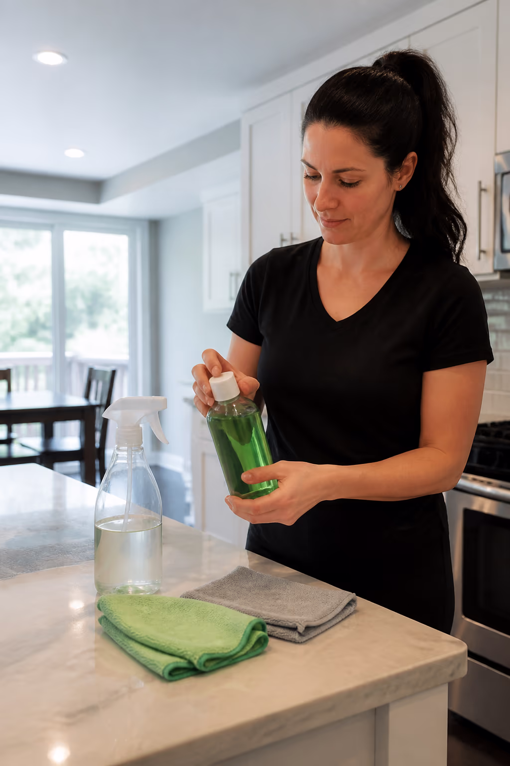 A cleaning technician in a bright Ottawa home holding a green cleaner beside a refillable spray bottle and microfibre cloths, showing how eco-friendly products protect indoor air and local waterways.