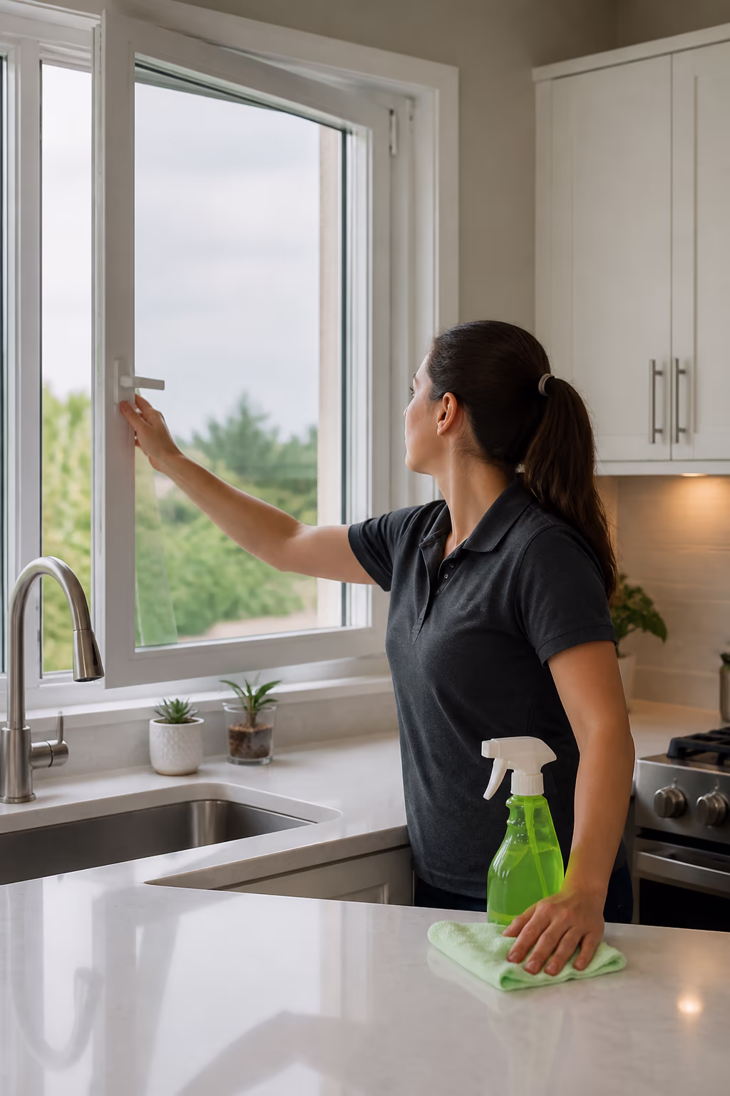 A cleaner opening a window while wiping a kitchen counter with a low-VOC green spray, illustrating ventilation during cleaning in a bright Ottawa home.