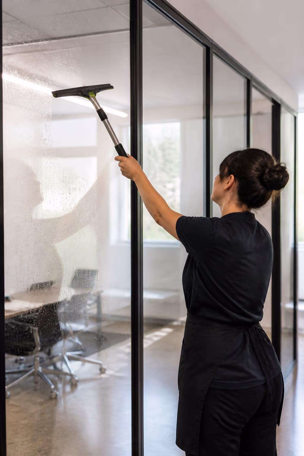 A commercial cleaner wiping glass office partitions with a plant-glucoside surface cleaner in a bright Ottawa office.