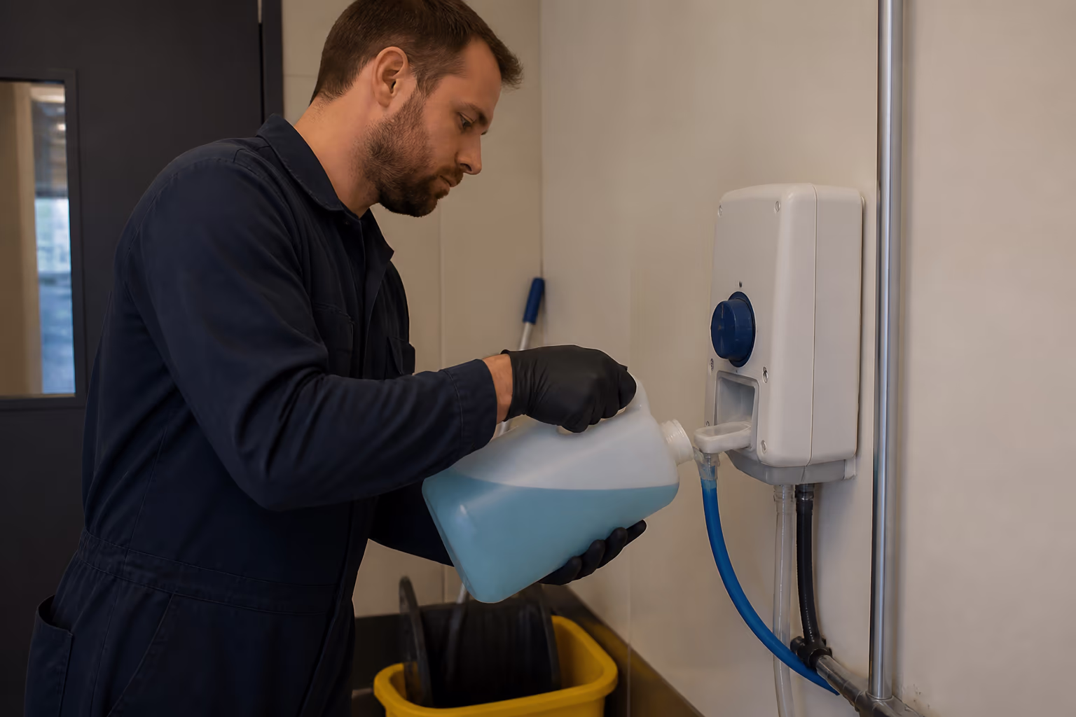 A janitor pouring a plant-based concentrated cleaner into a wall-mounted dilution proportioner in a commercial building.
