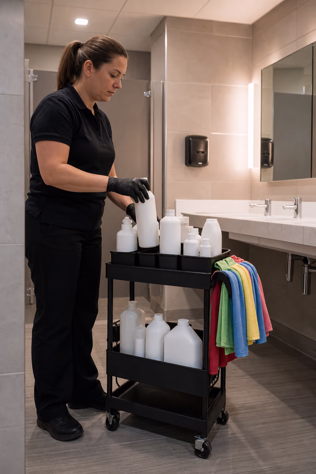 A cleaning technician restocking an Ottawa facility washroom with commercial cleaning concentrates and colour-coded microfibre loops from a janitorial cart.