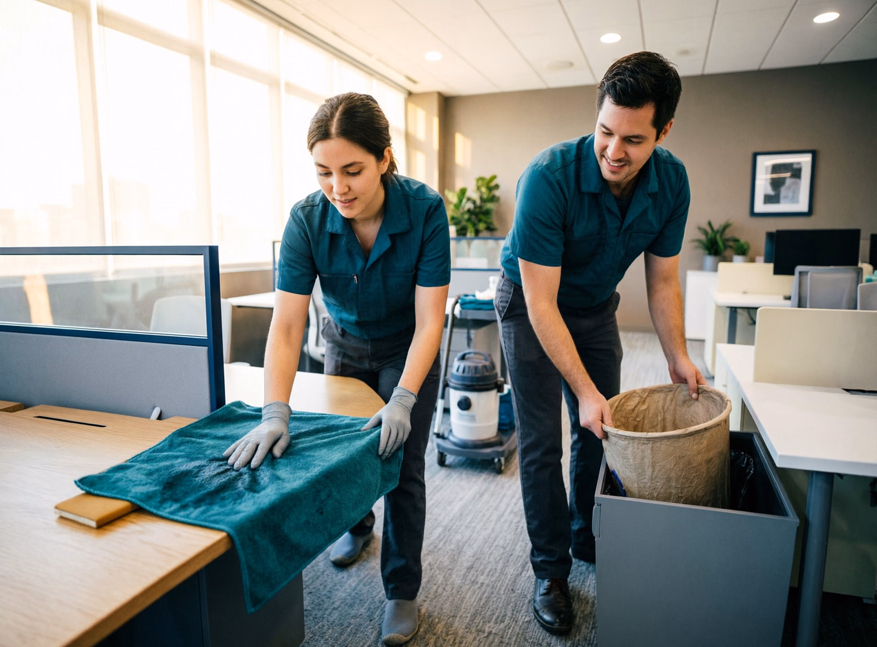 Two professional cleaners servicing an open-plan office, wiping desks and collecting waste bins.