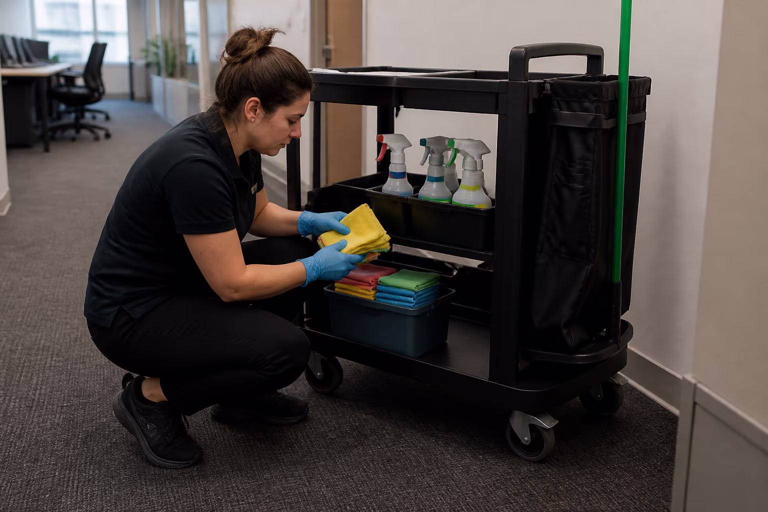 Cleaning technicians restocking a colour-coded microfibre caddy and green supplies cart before an after-hours commercial office clean in Ottawa.