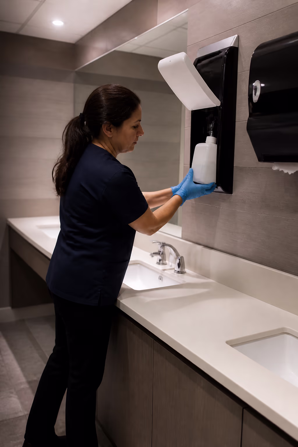 A cleaning technician restocking an Ottawa office washroom with soap and touchless paper dispensers after hours.