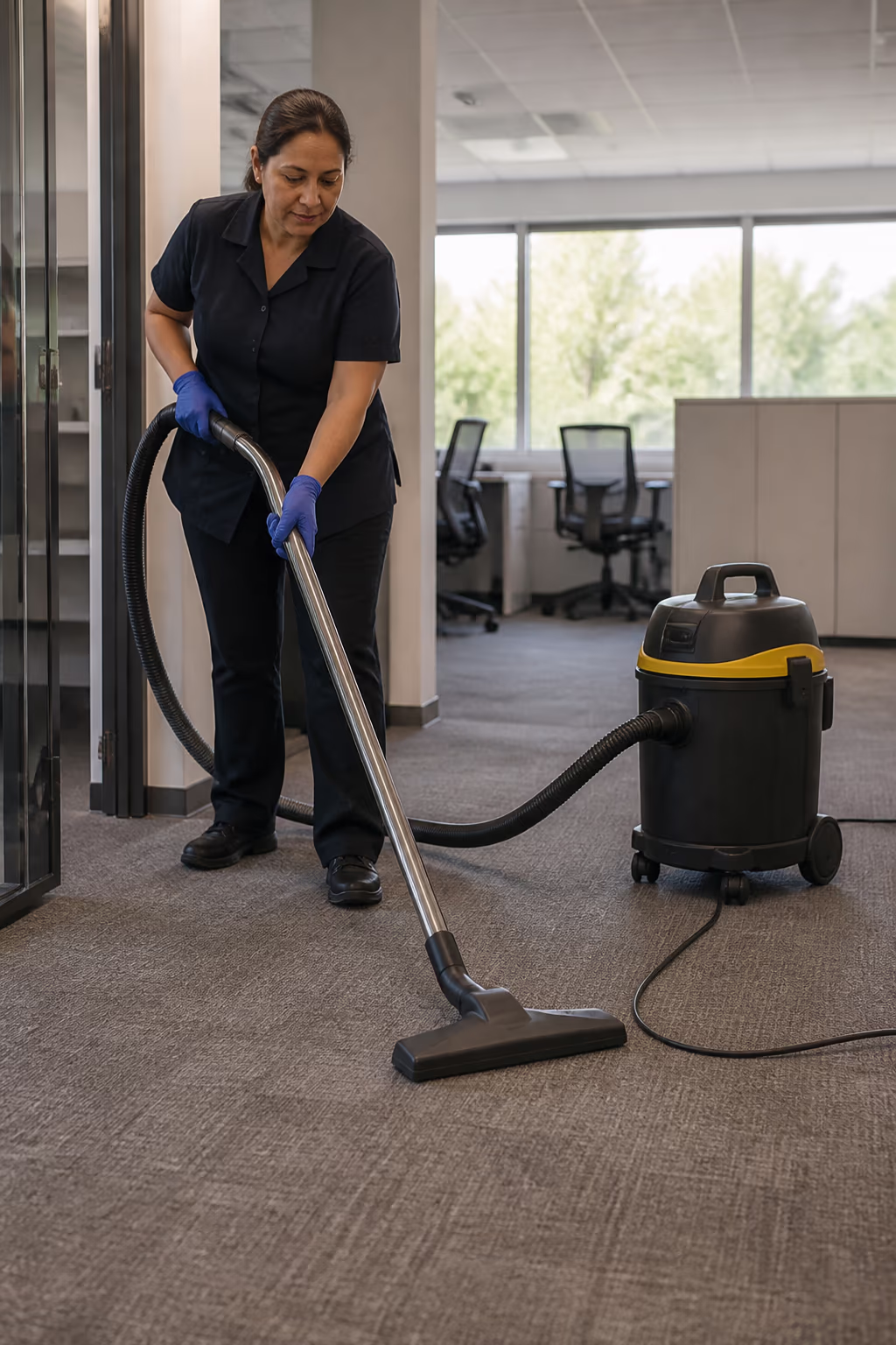 A professional cleaner running a sealed HEPA backpack vacuum along a carpeted office aisle, capturing dust so the air stays clear for staff.