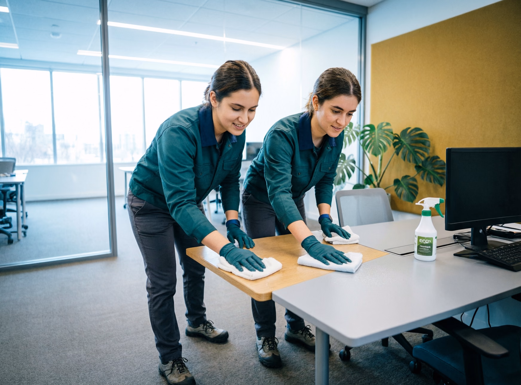 Two professional cleaners wiping shared office desks and conference tables with plant-based surface spray in a bright open-plan office in Ottawa.