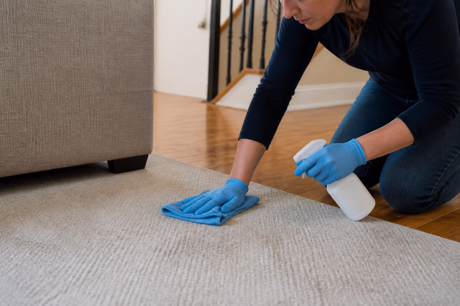 A professional cleaner in gloves applying a bio-enzymatic pet stain spray to a carpet edge in a bright living room, a microfibre cloth and cleaner nearby.