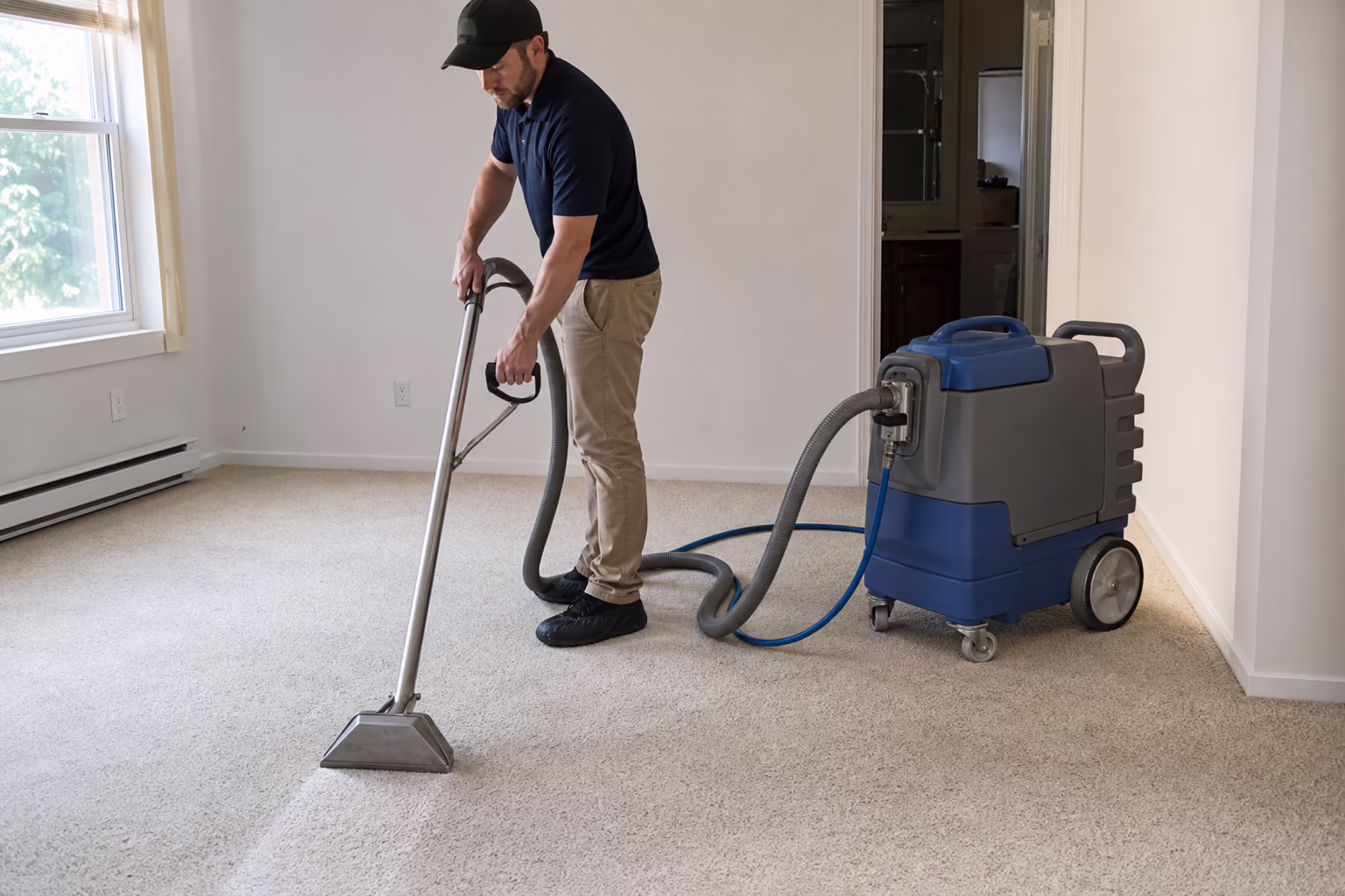A technician running commercial hot water extraction over a residential carpet, with the extraction wand and a solution tank beside the treated area.