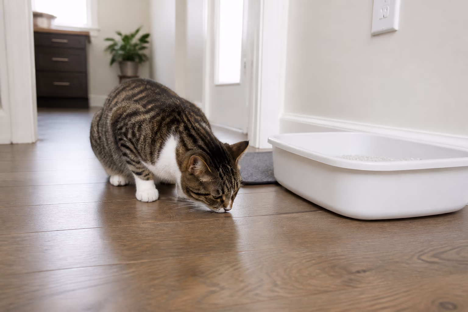 A tabby cat sniffing the freshly cleaned spot beside a clean litter tray in a bright hallway, after the treated area has been neutralised.