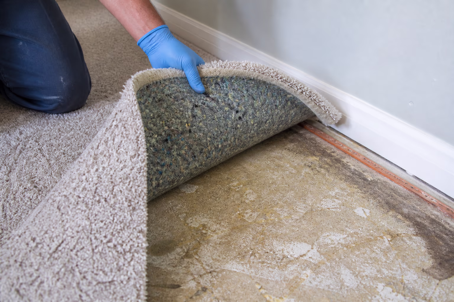 A gloved hand lifting a corner of residential carpet to reveal the padding and subfloor below, where dried uric-acid crystals from cat urine sit hidden.