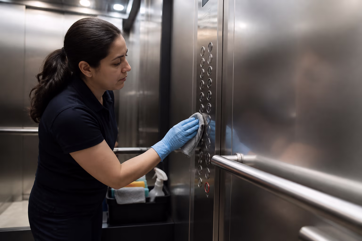 A professional cleaner in gloves disinfecting elevator call buttons and stainless steel handrails inside a bright commercial elevator cab in Ottawa, with a microfibre cloth and caddy of eco-friendly supplies nearby.