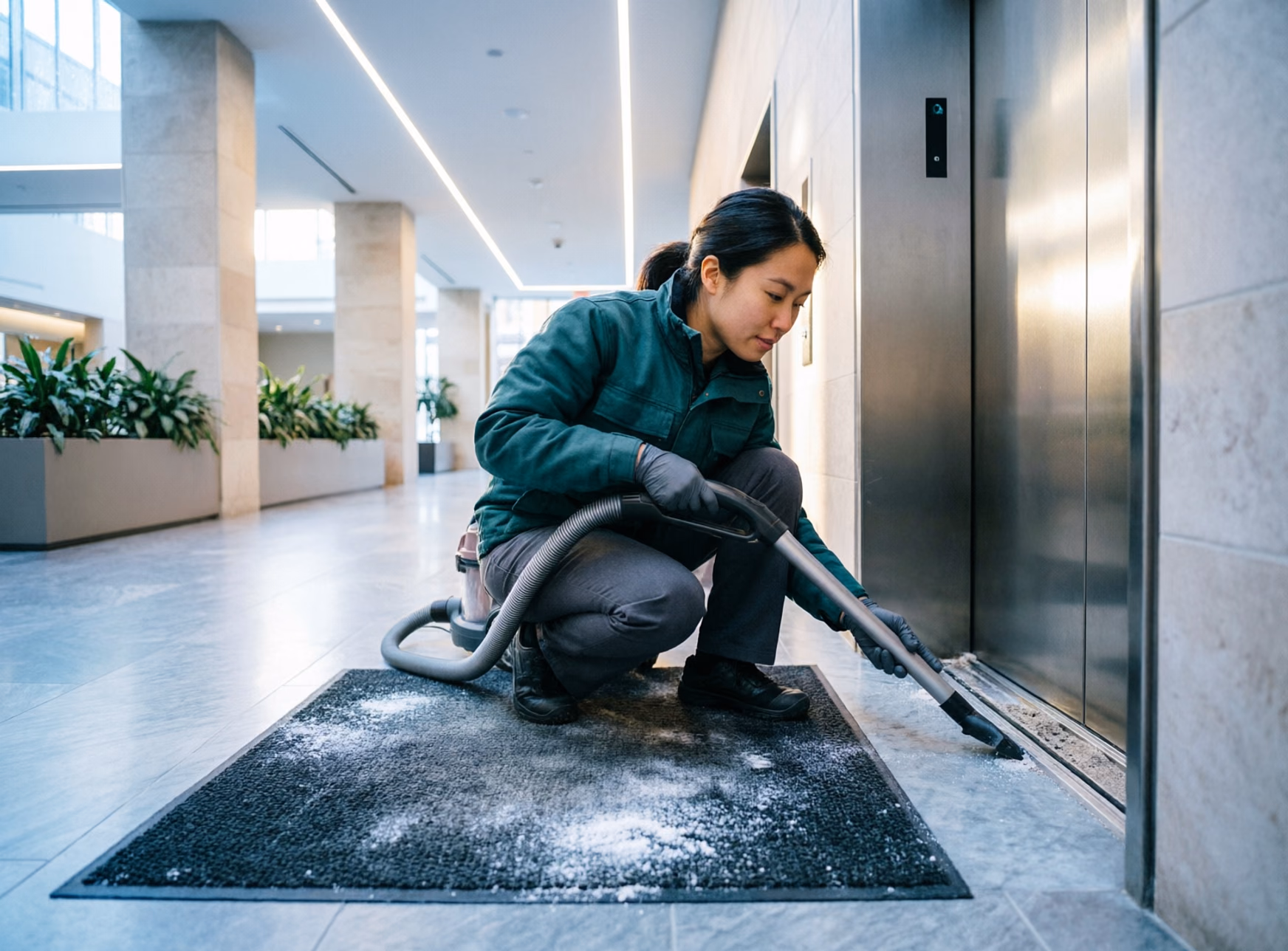 A janitorial technician using a crevice attachment to vacuum winter salt and grit out of an elevator door threshold track in a commercial building lobby, with boots and mats salted nearby.
