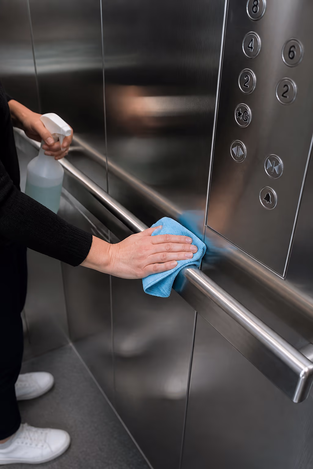 A professional cleaner wiping stainless steel elevator handrails and call buttons inside a bright commercial elevator cab in Ottawa, with a microfibre cloth and eco-friendly supplies nearby.