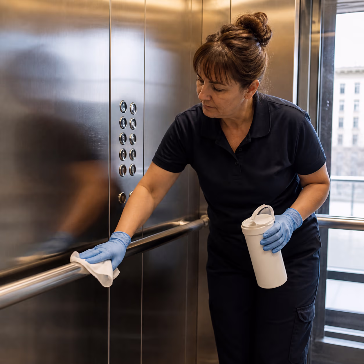 A cleaner wearing gloves disinfecting stainless steel elevator handrails and call buttons inside a bright commercial elevator cab in Ottawa.