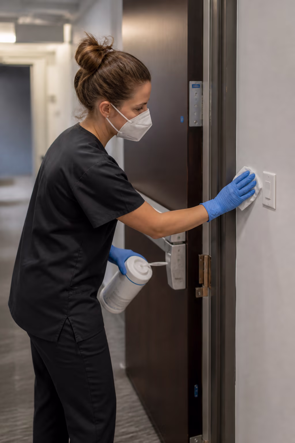 A cleaning technician in gloves and a mask disinfecting a high-touch door push bar and light switch in an Ottawa commercial corridor during an outbreak-response cleaning.