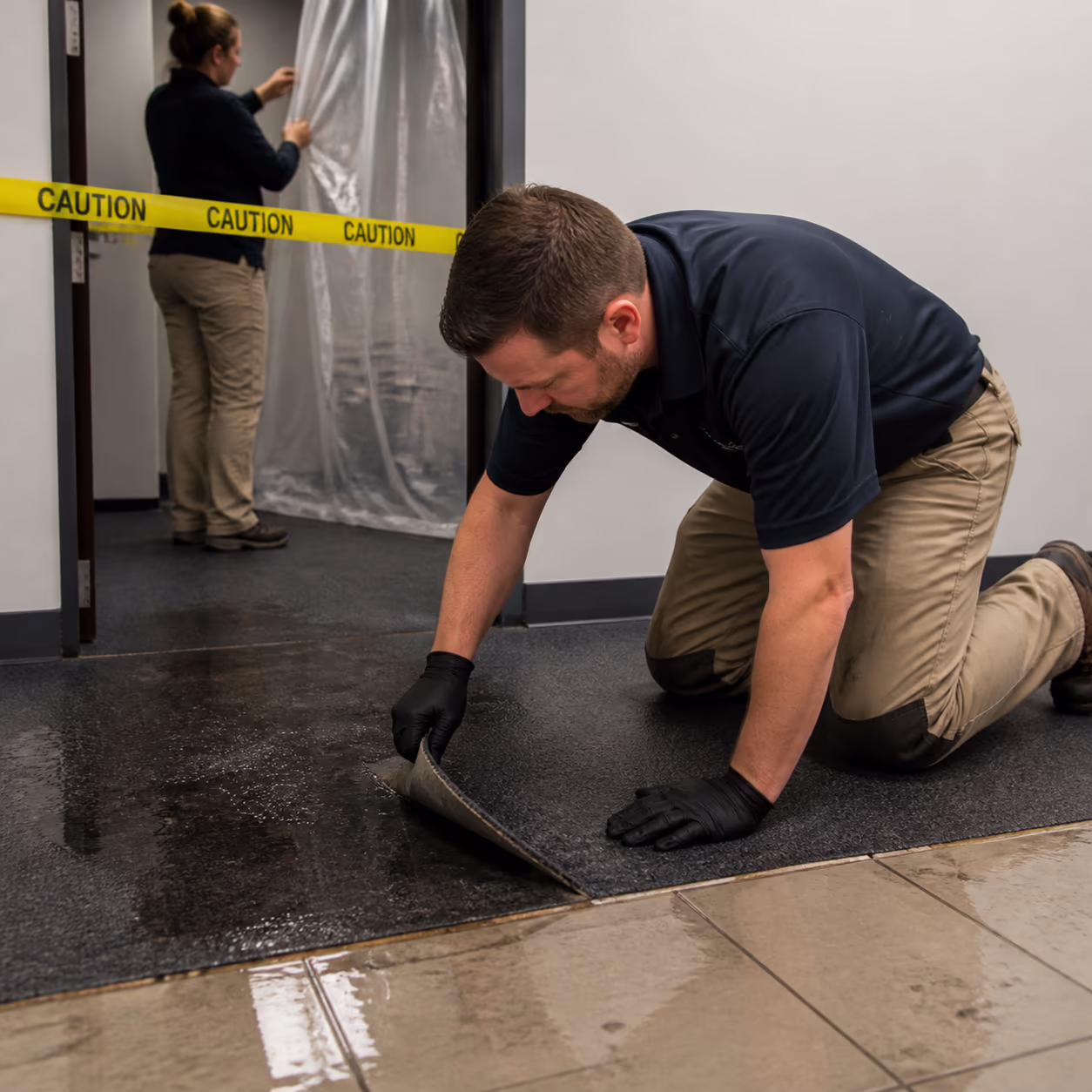 A cleaning technician in protective gloves assessing a damp carpet edge while a colleague seals off the affected zone in an Ottawa commercial building.