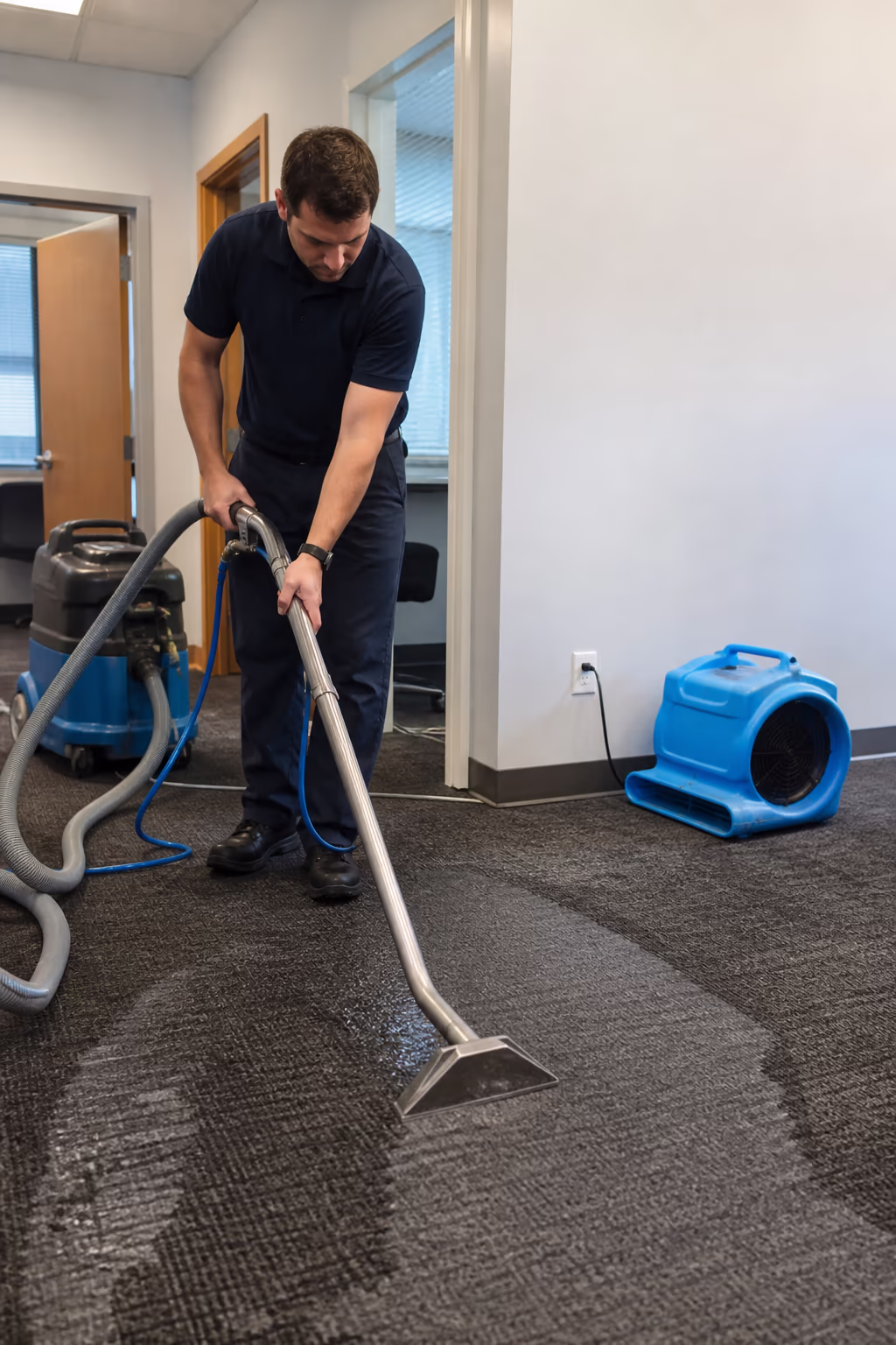 A professional water-damage technician running a commercial extractor across soaked carpet in an Ottawa office while an air mover dries the surrounding space.