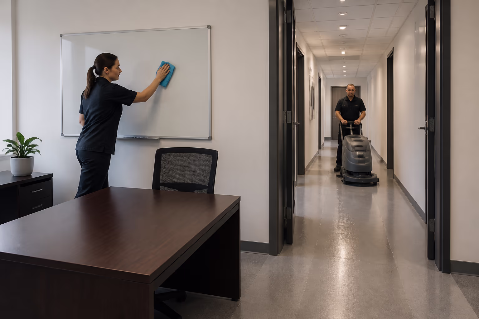 A cleaning technician in a dark uniform wiping a whiteboard and desk with a microfibre cloth while an auto-scrubber stands in the corridor of an Ottawa office suite.