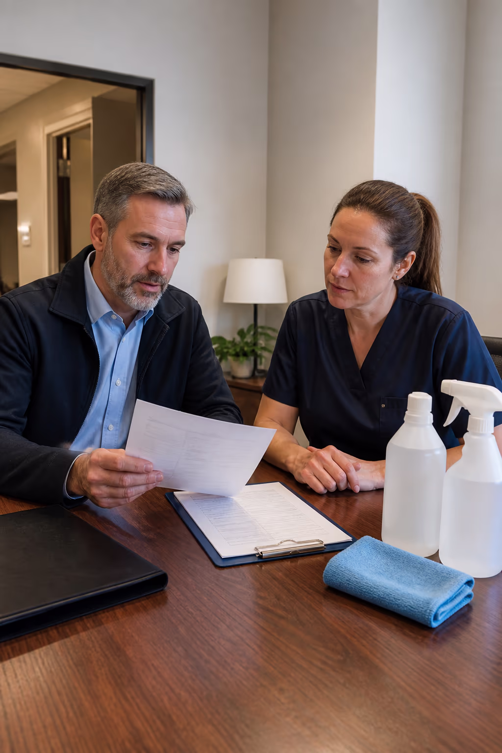 A facility manager and a cleaning supervisor reviewing a printed janitorial scope of work and chemical safety list across a desk, with a clipboard and disinfectant bottles beside them in an Ottawa office.