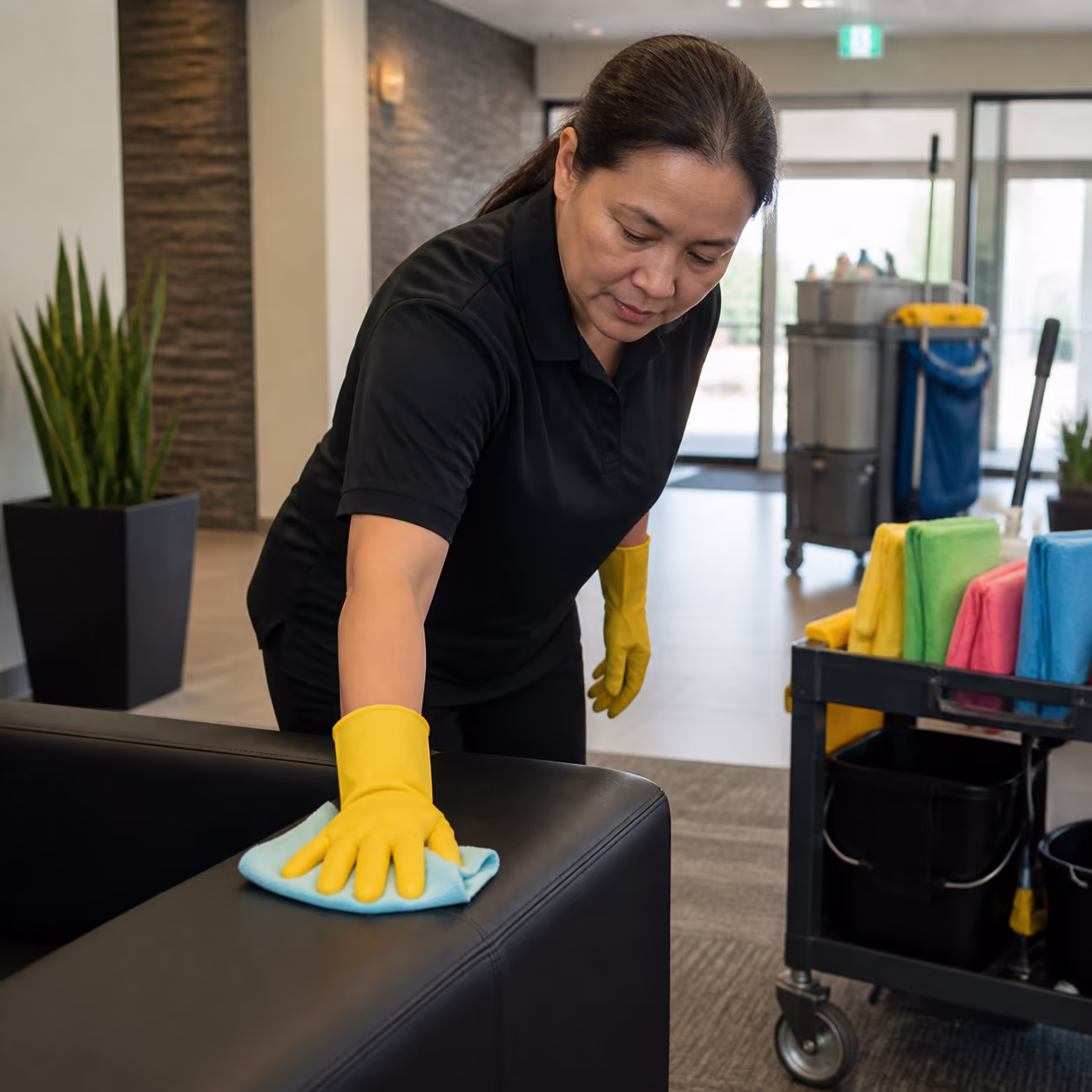 A professional janitor in a dark uniform and yellow gloves colour-coding microfibre cloths from a wheeled caddy in an Ottawa office lobby, with cleaning supplies and a washroom cart visible in the background.