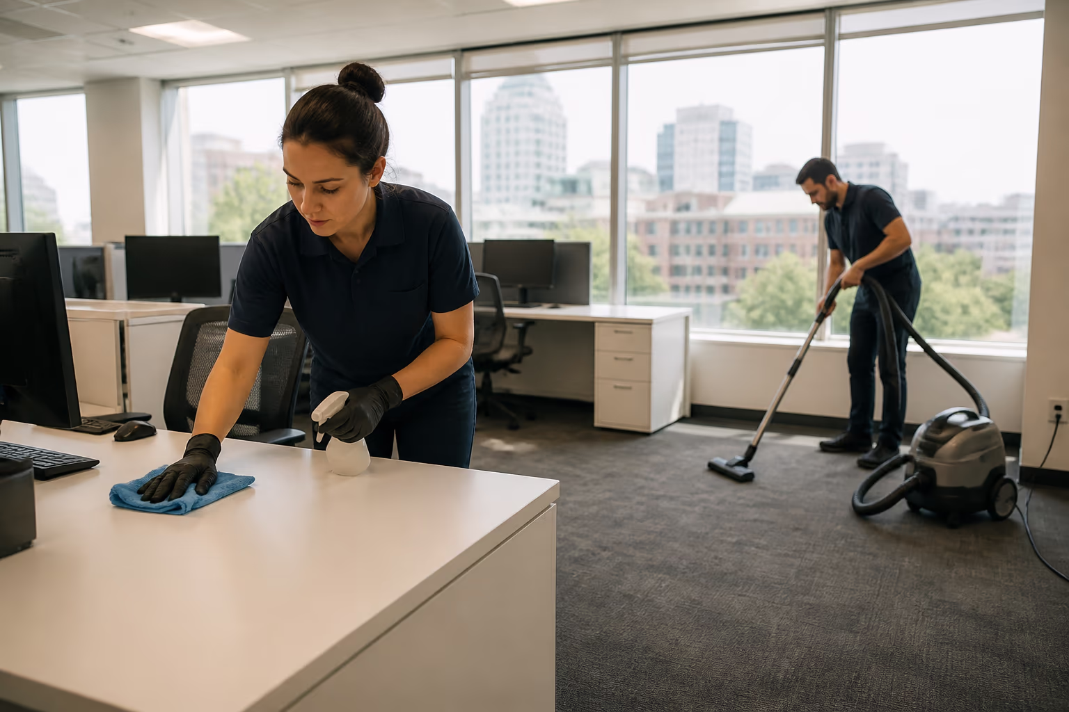 A uniformed cleaning technician in an open-plan Ottawa office wiping a desk while a teammate vacuums the carpet beside floor-to-ceiling windows.