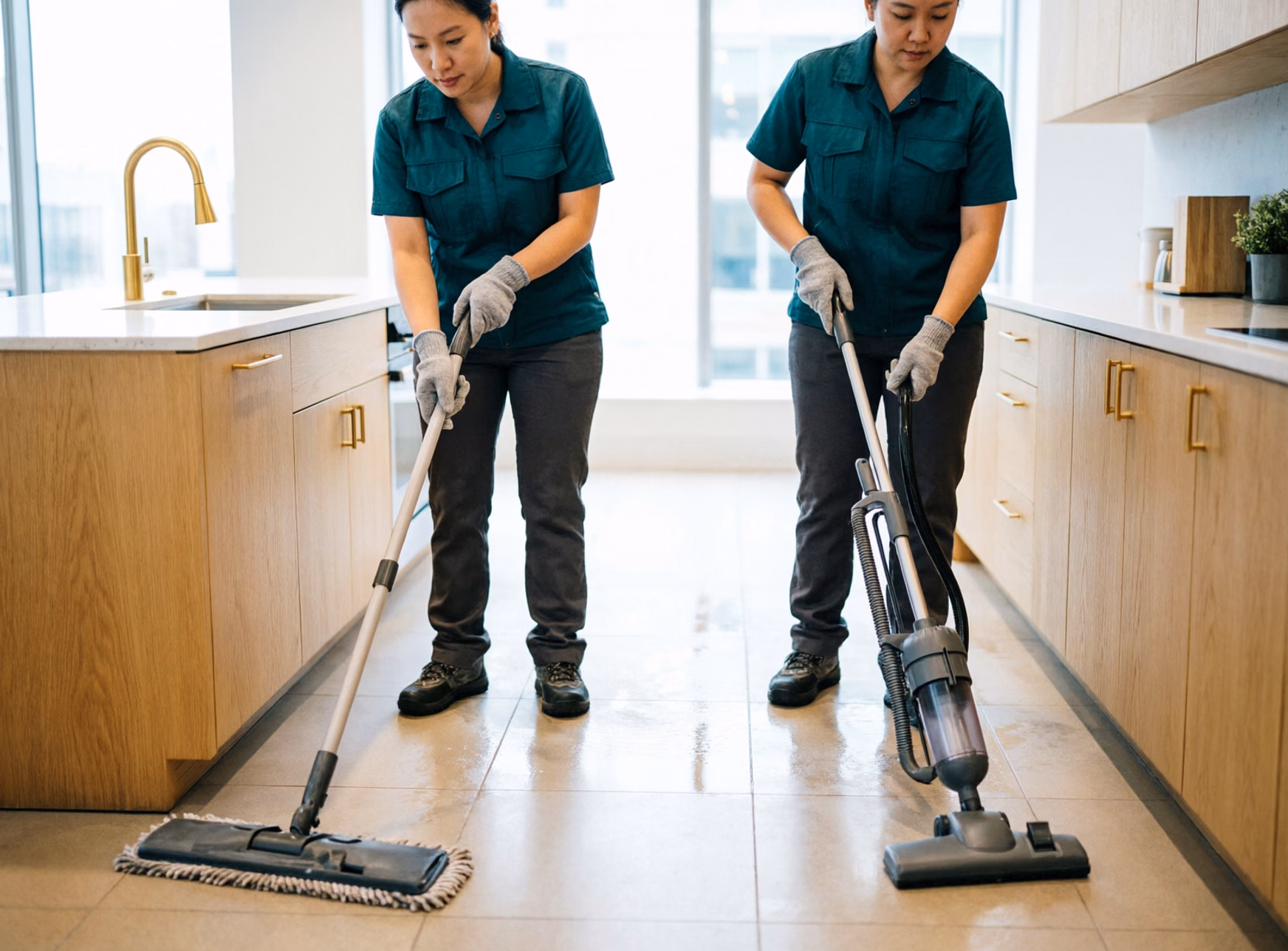 Cleaning technicians mopping and sanitising a shared office kitchenette during an after-hours commercial clean in an Ottawa office.