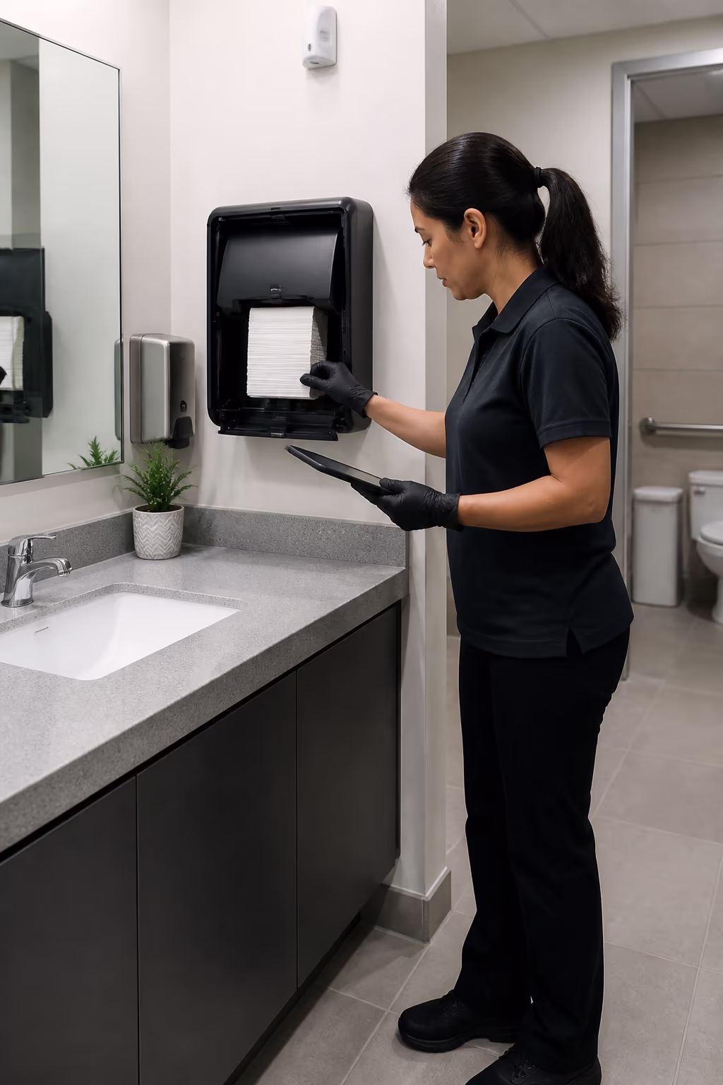 A professional office cleaner restocking paper towel and soap in a bright Ottawa office washroom while checking a digital visit checklist.
