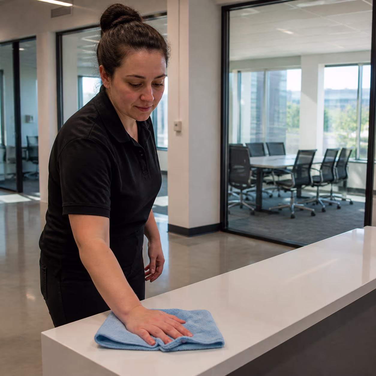 A bright, spotless Ottawa office reception area with polished hard floors, a tidy front desk, and a meeting room ready for clients.