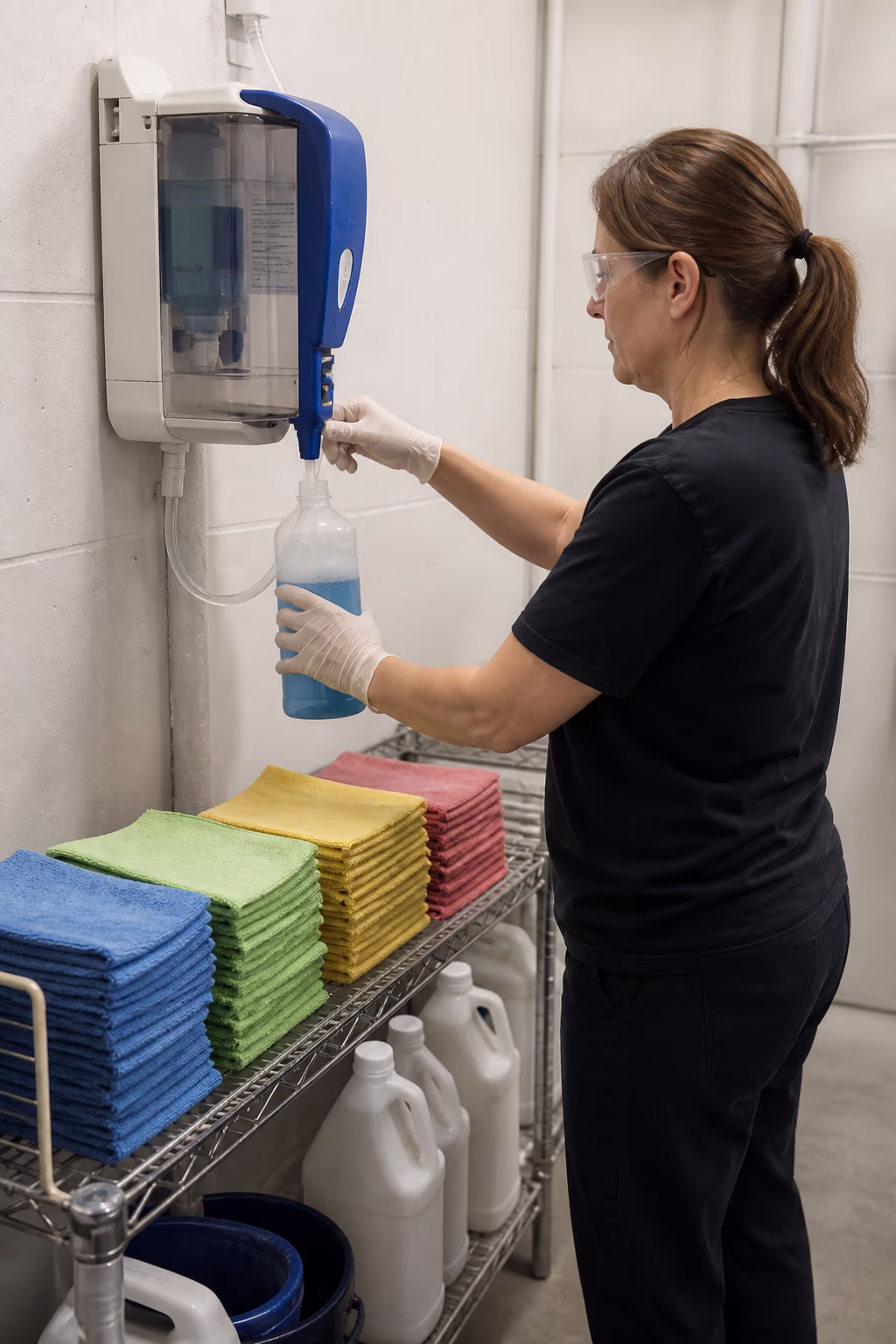 A wall-mounted chemical proportioner filling a labelled dilution bottle in a commercial supply room, beside colour-coded microfibre cloths.