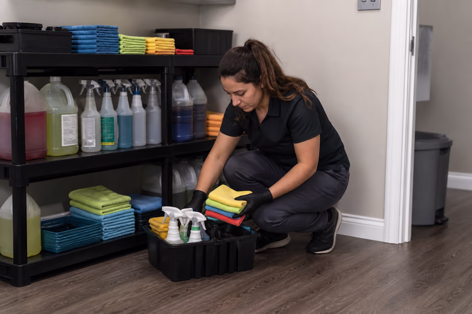 Cleaning technicians restocking a colour-coded supply caddy with certified chemistry and sealed HEPA equipment before a commercial office clean in Ottawa.