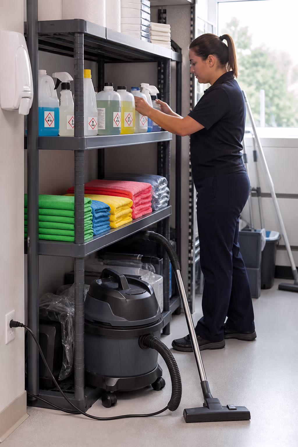 A cleaning technician in a dark uniform stocking a labelled commercial supply shelf with certified chemistry, colour-coded microfibre cloths and sealed HEPA equipment in an Ottawa office.