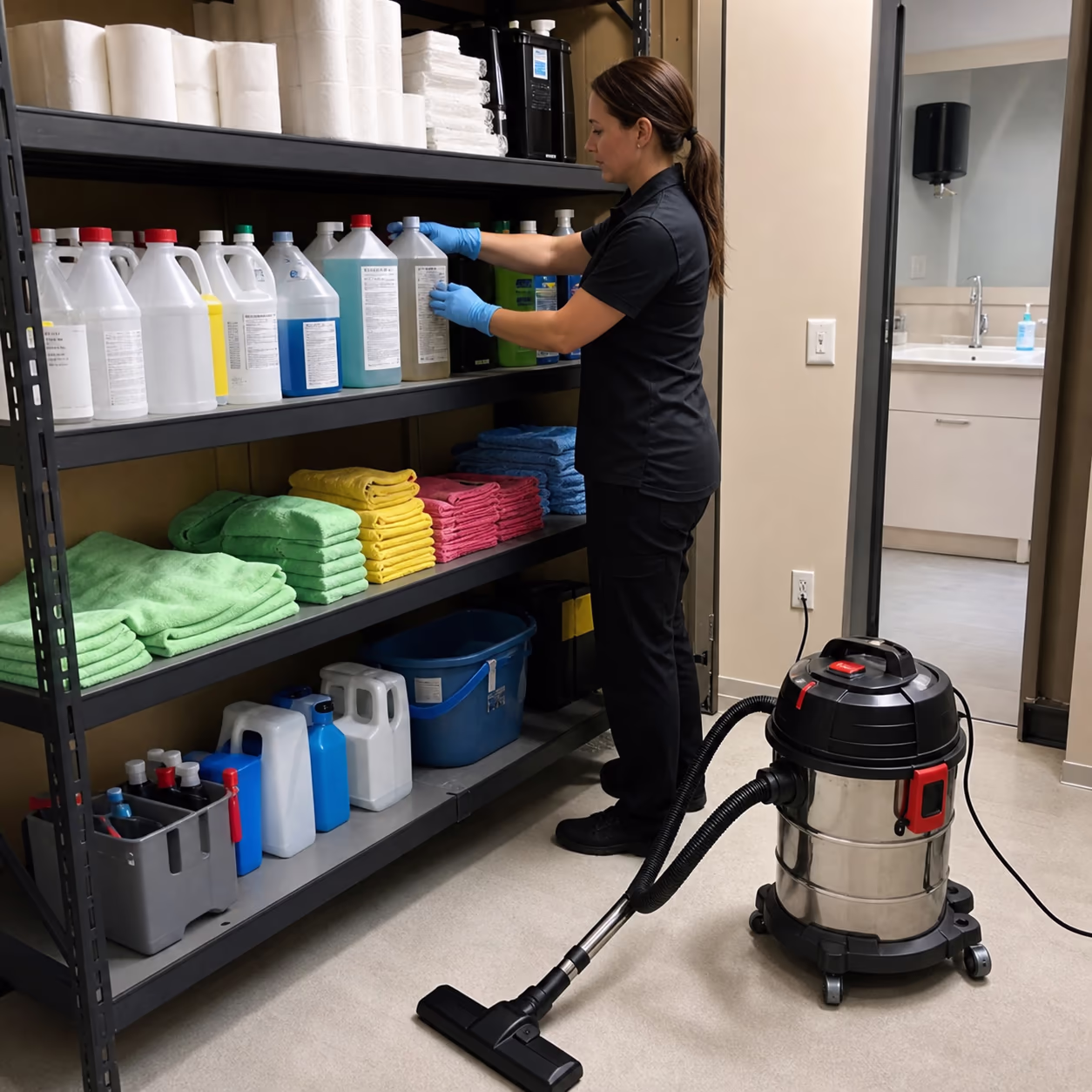 A cleaner wearing gloves stocking a commercial supply shelf with labelled cleaning chemicals, colour-coded microfibre cloths and a sealed HEPA vacuum.