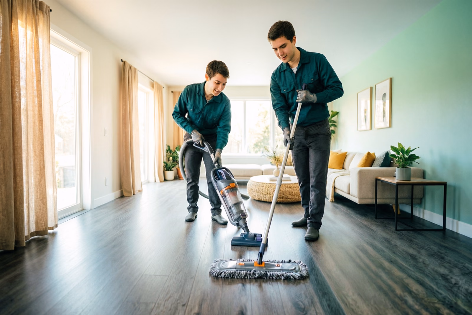 Two cleaners in matching uniforms vacuuming a bright living room with a sealed HEPA vacuum during a residential clean in Ottawa.
