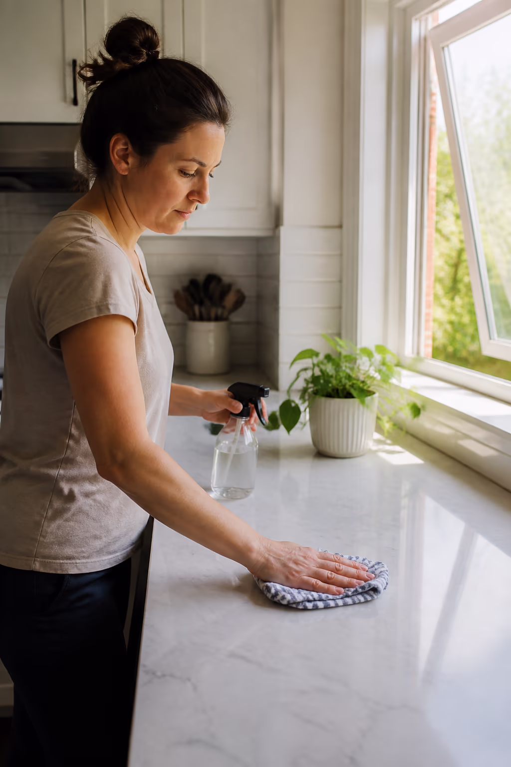 A cleaner in a bright kitchen wiping a counter with a fragrance-free low-VOC spray beside an open window and a potted plant, airing out after cleaning.