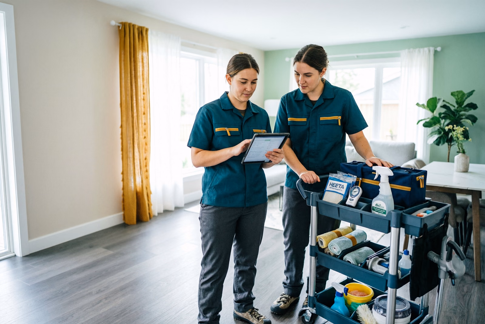 Cleaning technicians reviewing a digital cleaning checklist beside a colour-coded supply caddy before a residential clean in Ottawa.