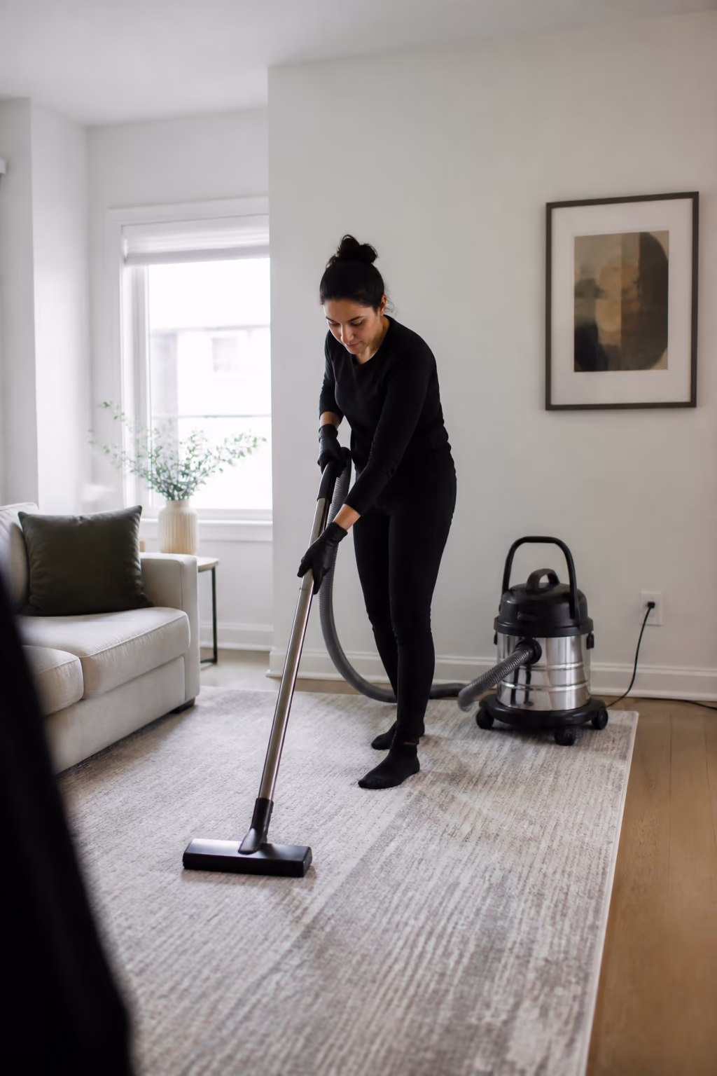 A cleaning technician dusting high to low with a microfibre cloth and running a sealed HEPA vacuum on the carpets and vents of a bright Ottawa home.