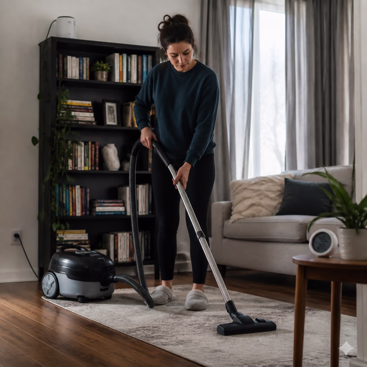 A bright Ottawa living room with a sealed HEPA vacuum beside a bookshelf and a hygrometer on a side table, curtains drawn against the winter cold.