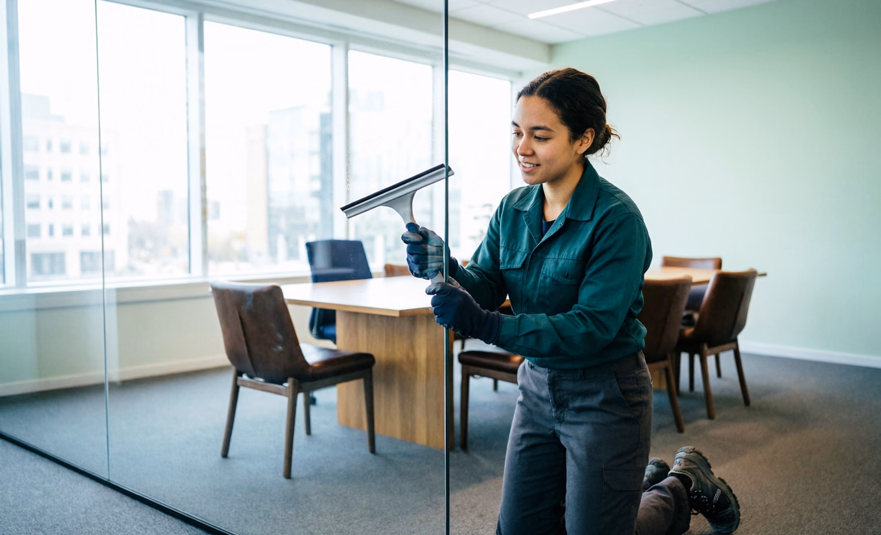 A cleaning technician in uniform polishing a floor-to-ceiling glass partition in a bright executive boardroom, with a long conference table and leather chairs visible beyond the glass.