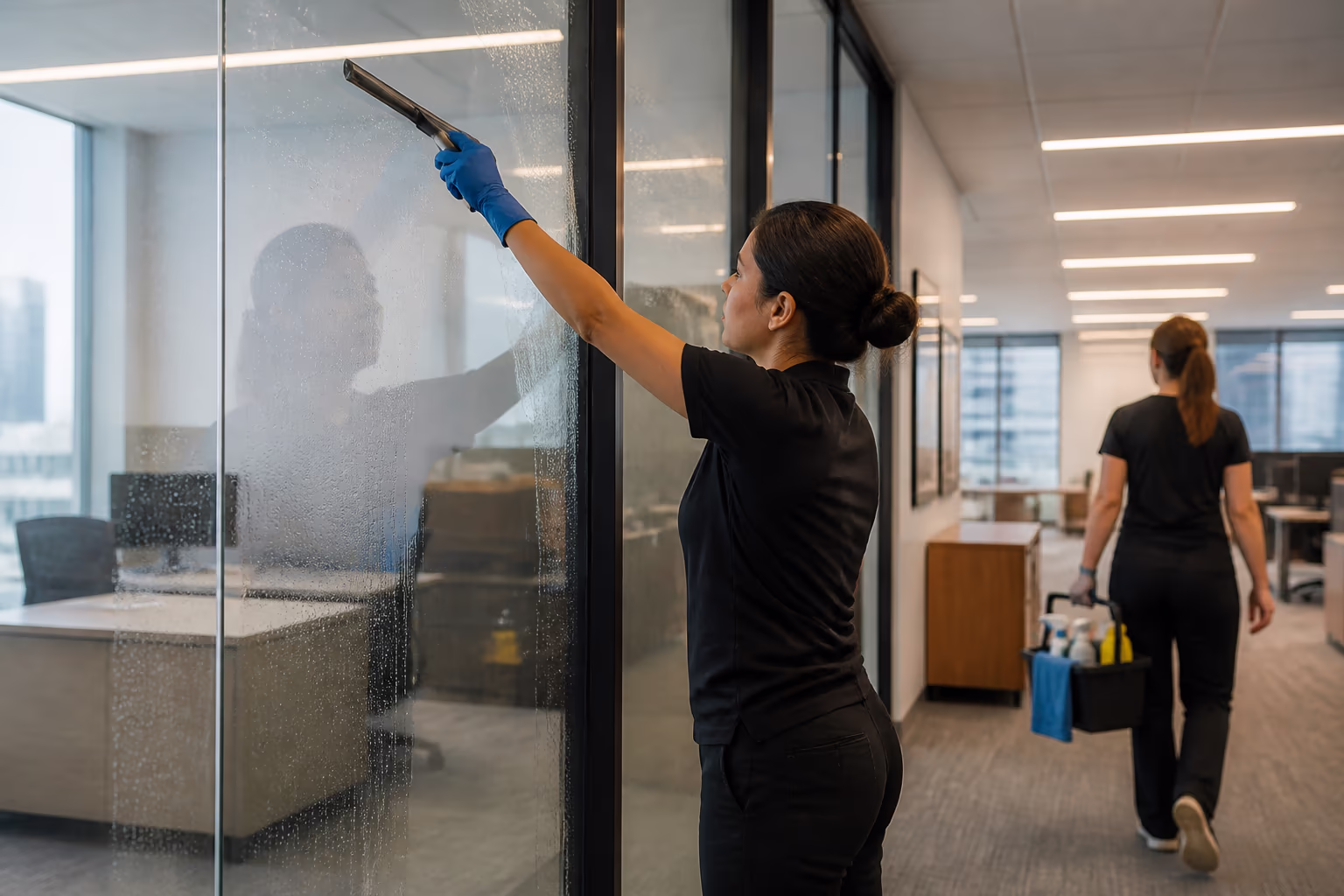 A cleaning technician completing a streak-free polish on a glass office wall while a second technician carries a supply caddy past an open-plan executive suite in Ottawa.