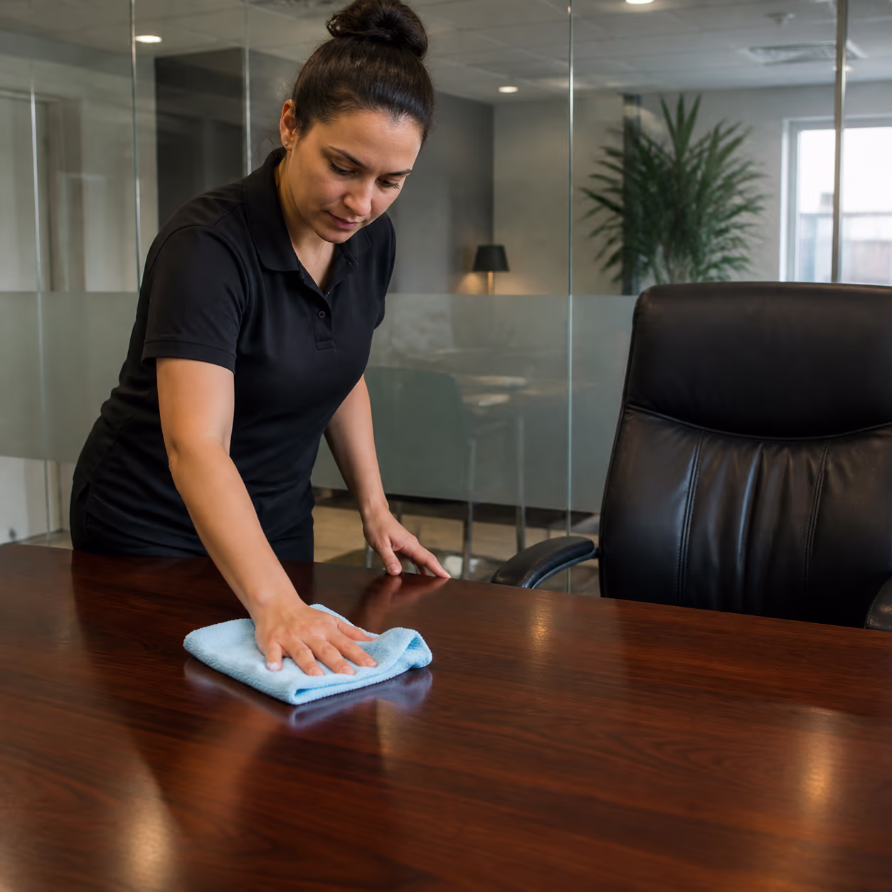 A uniformed cleaning professional dusting a fine hardwood executive desk with a soft microfibre cloth beside a leather chair and a glass partition in an Ottawa boardroom.