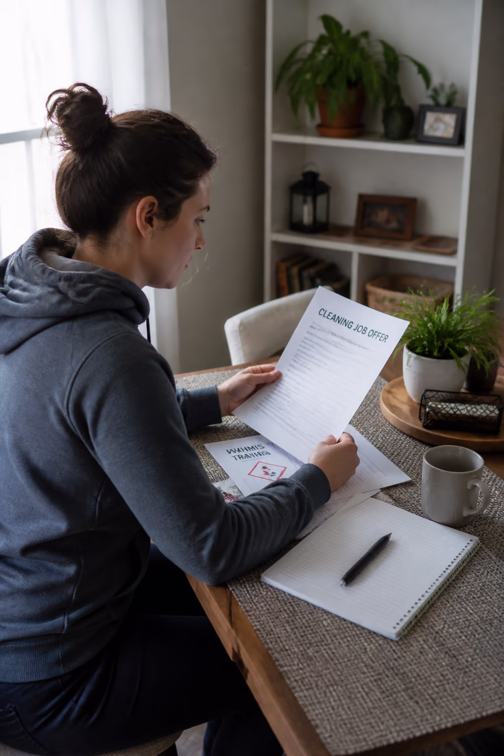A job seeker reviewing a printed cleaning job offer and a WHMIS training certificate across a bright Ottawa cafe table, with a checklist and pen beside them.