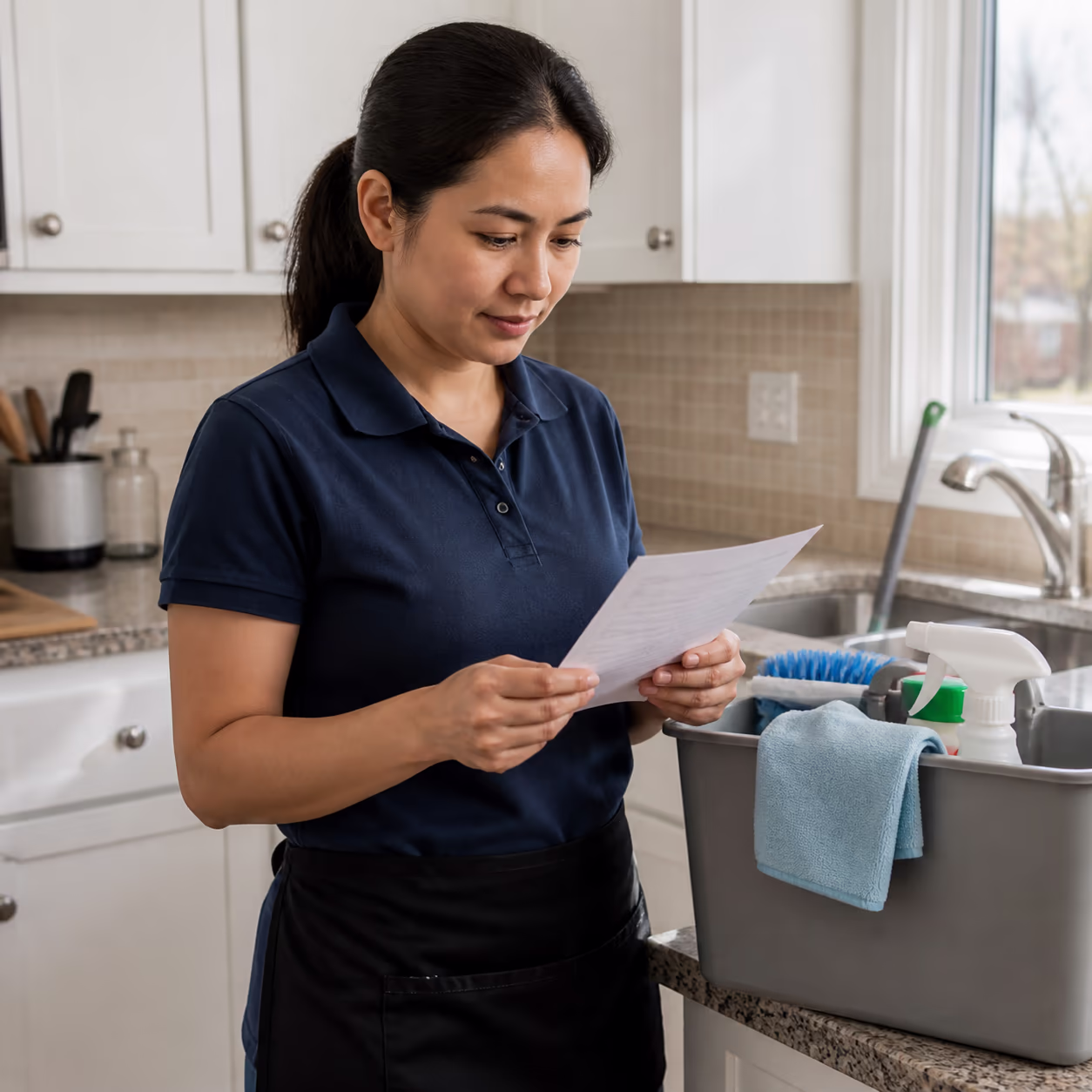 A cleaner in a bright Ottawa kitchen reading a printed payslip beside a colour-coded cleaning caddy, showing the living-wage rate a certified employer pays its team.