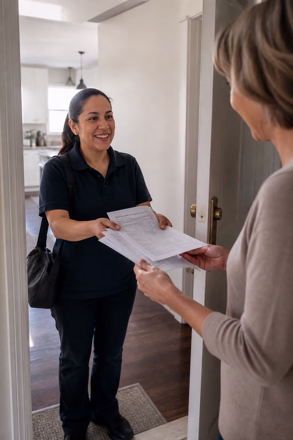 A cleaner handing a signed employment form and payslip to a homeowner at the door, showing the WSIB, CPP and EI protection of a legitimate cleaning job.
