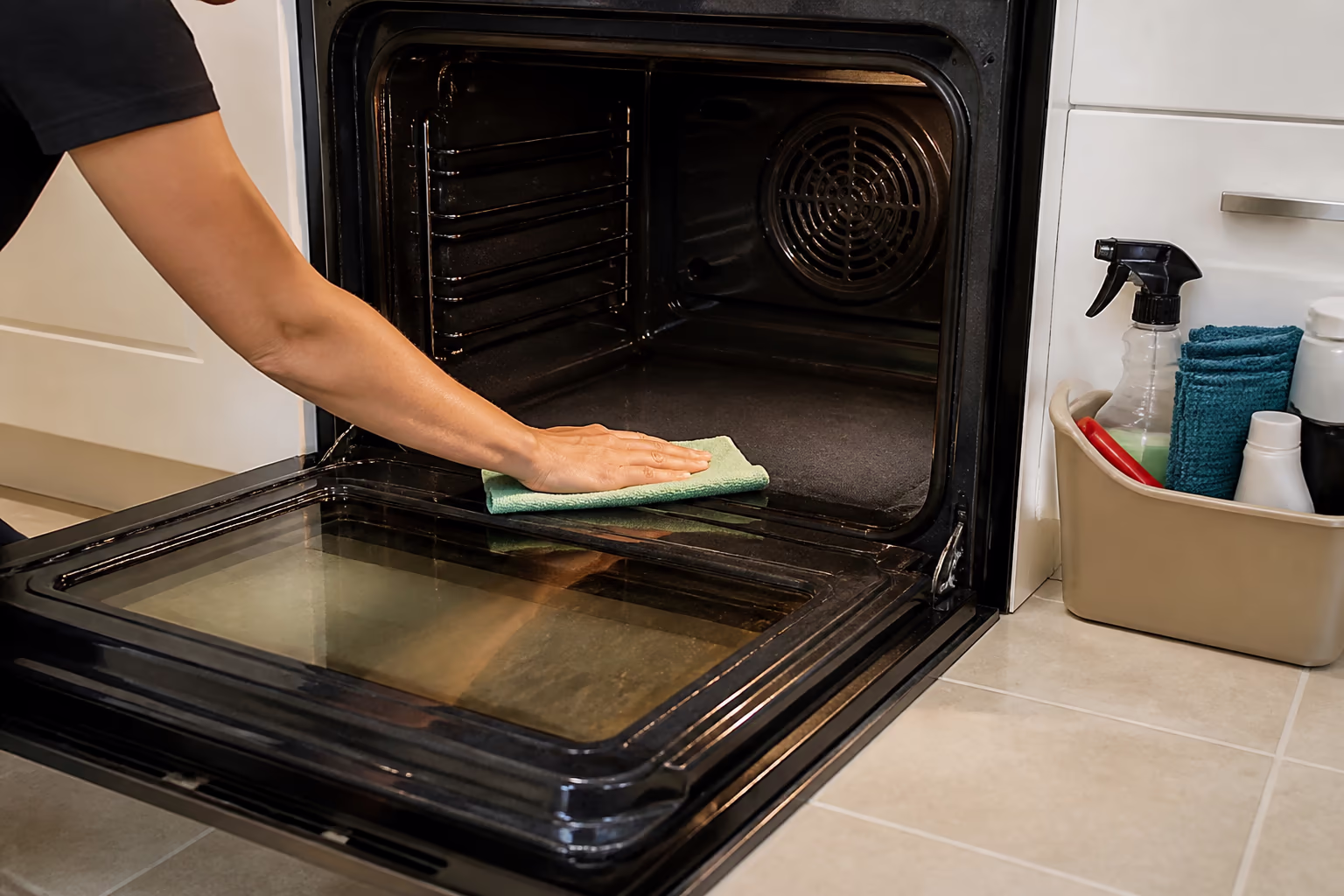 A cleaner's caddy beside a spray bottle and folded microfibre cloths, the tools used to soften and lift baked-on grease from an oven interior.
